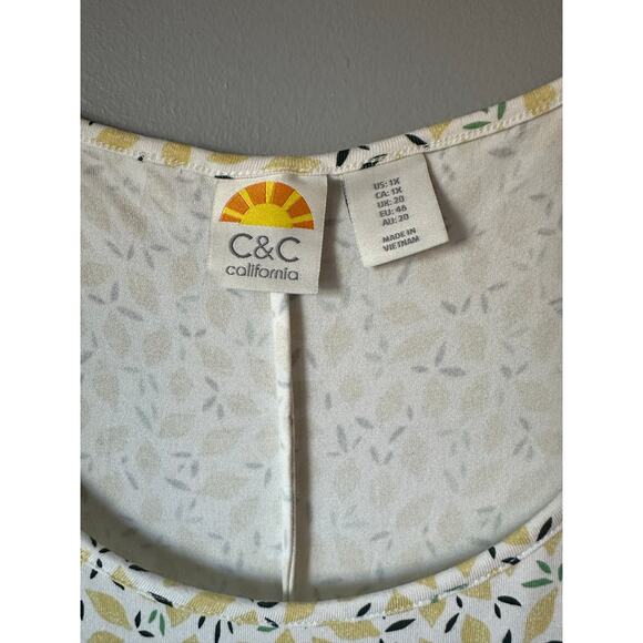C&C California Midi Dress Size 1X Yellow White Lemon Print Tank Sharkbite Hem - Picture 2 of 8